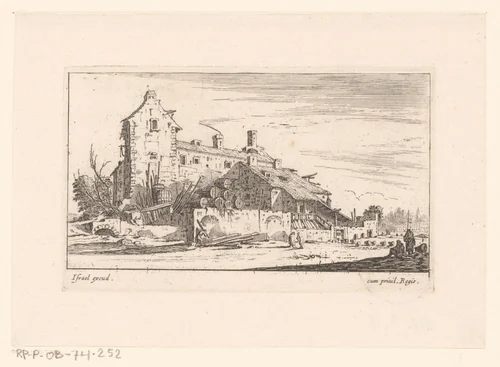 Huis waartegen vaten opgestapeld liggen by Israël Silvestre, print, 1631-1661