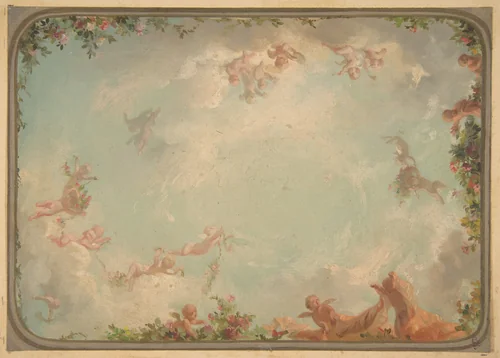 Design for a ceiling painted with putti in clouds with roses by Jules-Edmond-Charles Lachaise, drawing, 1850-1900