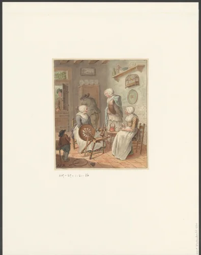 Huiskamer met drie vrouwen een man en een kind by Joannis Jacobus Bijlaert, drawing, 1744-1809