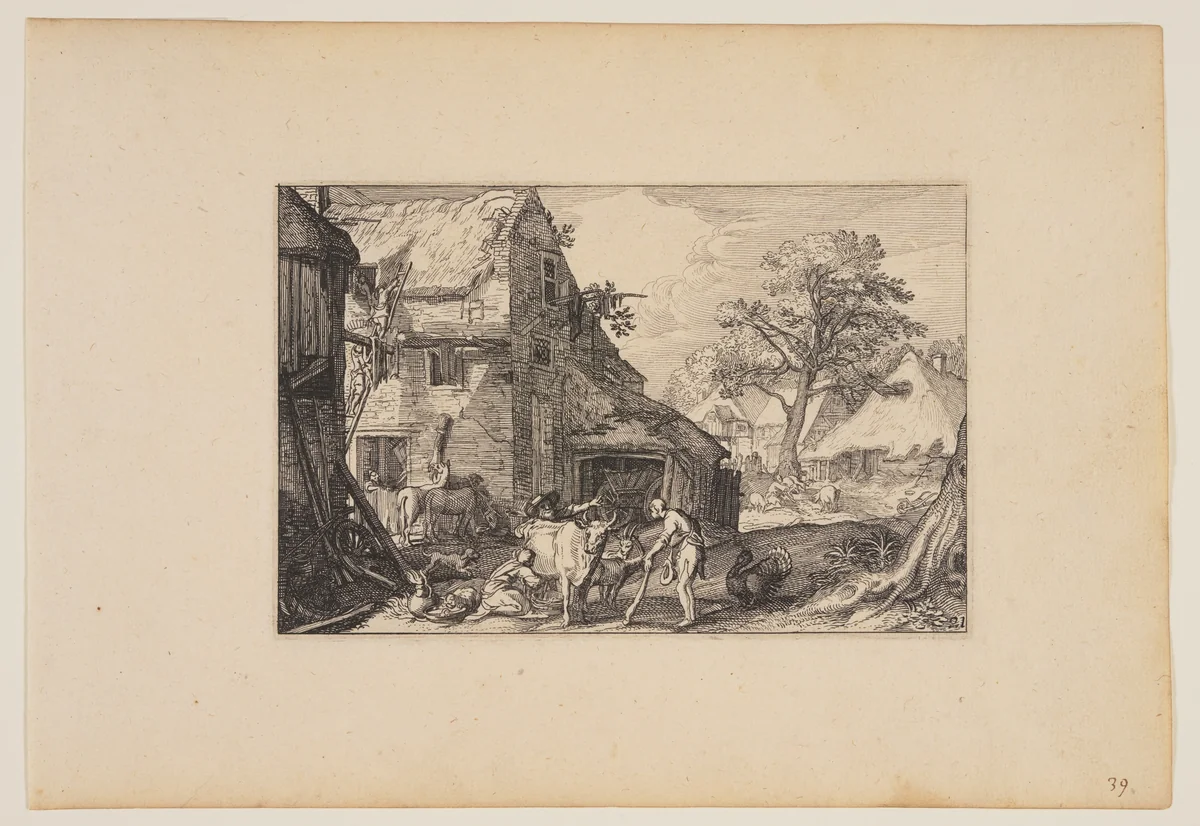 Farmyard, with Prodigal Son Among the Swine, from Landscapes (Verscheyden aerdige Lanthuysen...) by Claes Jansz Visscher, print, 1620