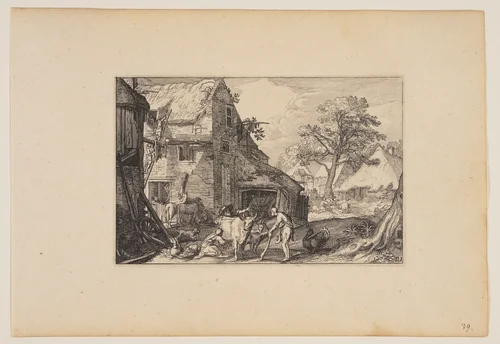 Farmyard, with Prodigal Son Among the Swine, from Landscapes (Verscheyden aerdige Lanthuysen...) by Claes Jansz Visscher, print, 1620