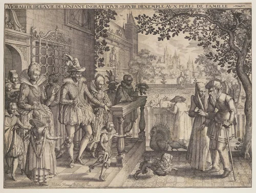 The Rich Son Refusing to Help his Poor Parents by Mätthaus Merian, print, 1616