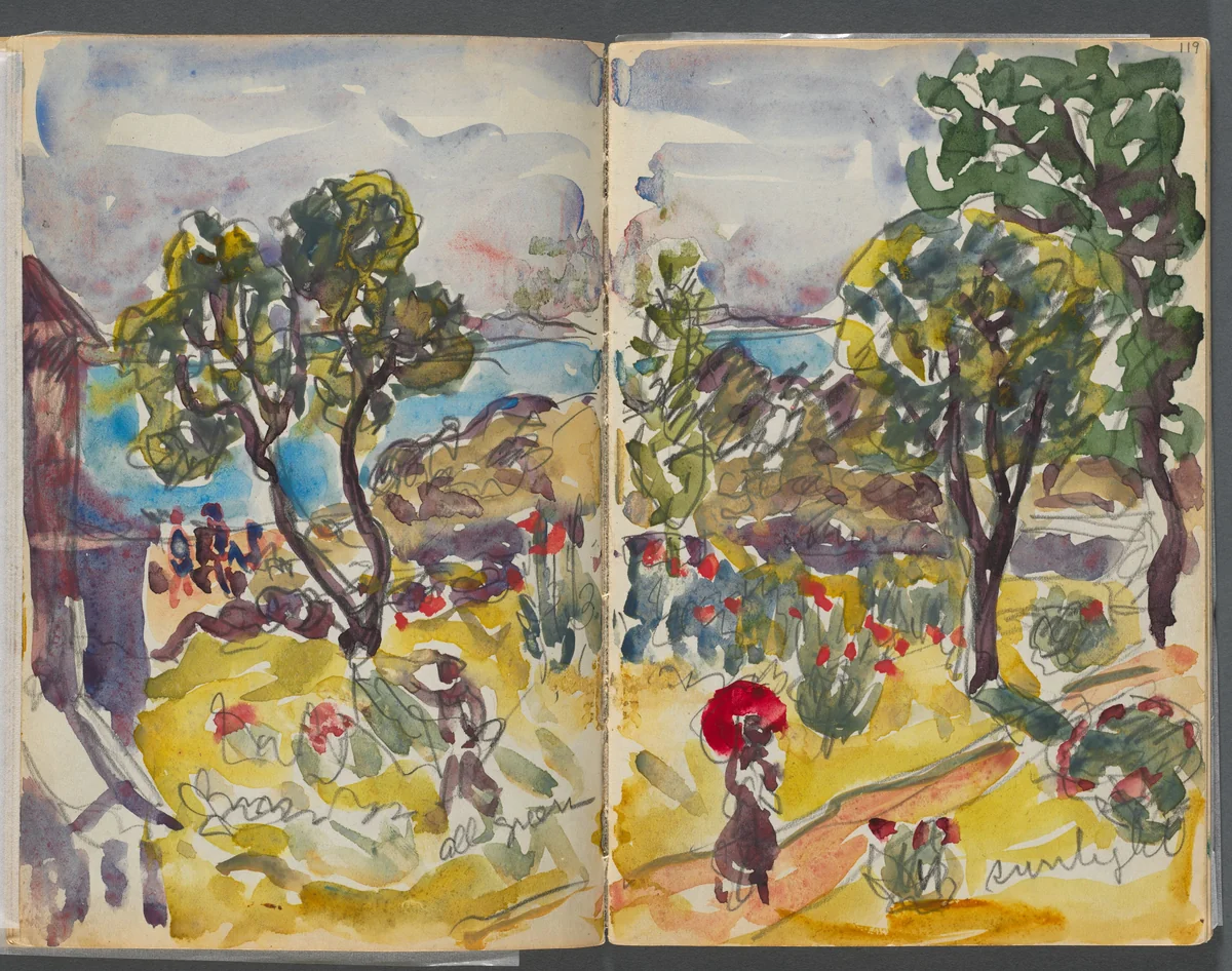 Sketchbook- The Granite Shore Hotel, Rockport, page 118 &119: Garden View with Notations by Maurice Prendergast, book, 1905-1910