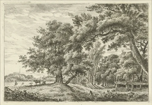 Landschap met twee koeien by Hermanus Fock, print, 1781-1822