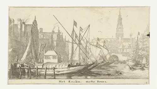 Het Rokin met de Beurs by Reinier Nooms, print, 1652-1654
