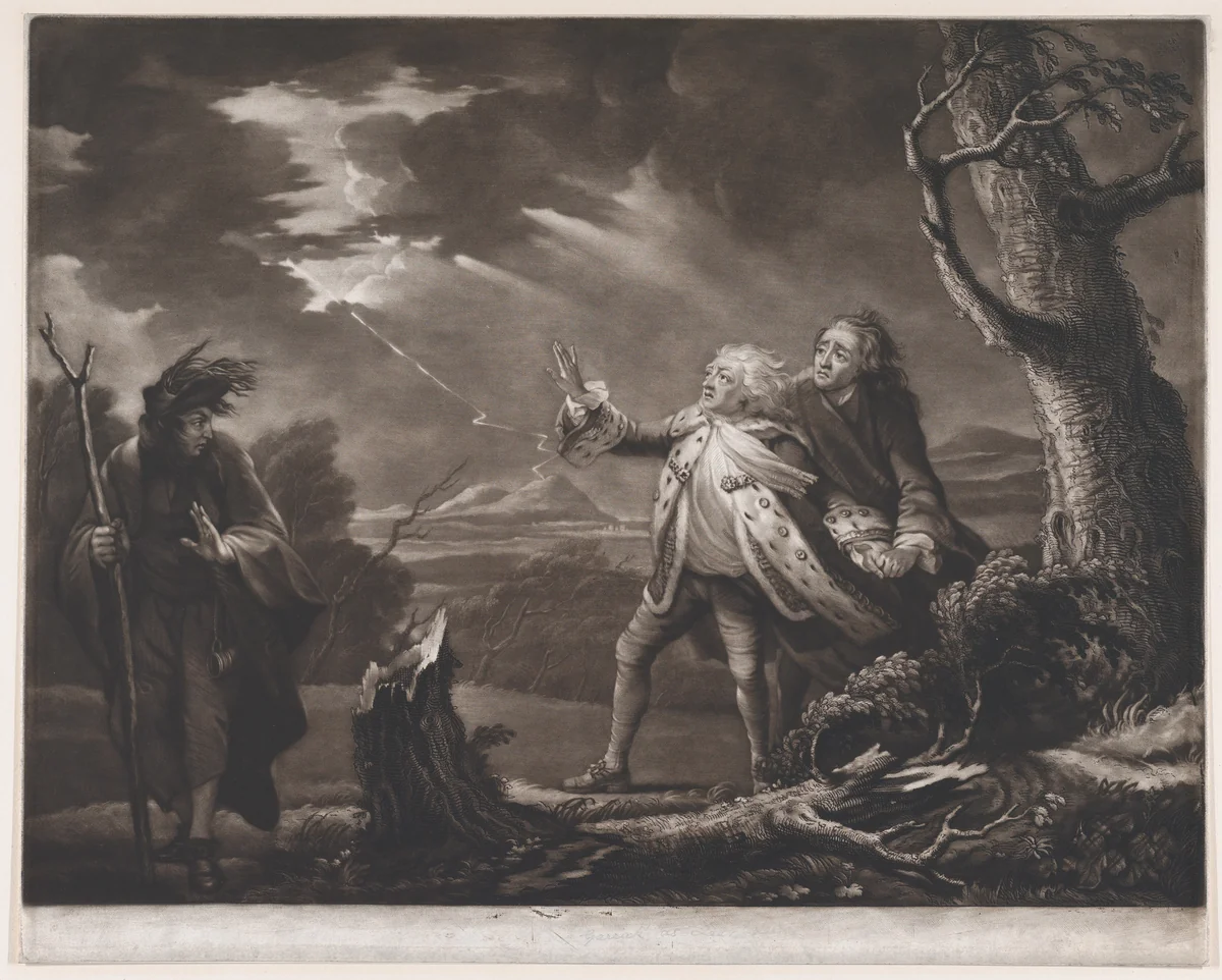 David Garrick as King Lear (Shakespeare, King Lear, Act 3, Scene 1) by James McArdell, print, 1761
