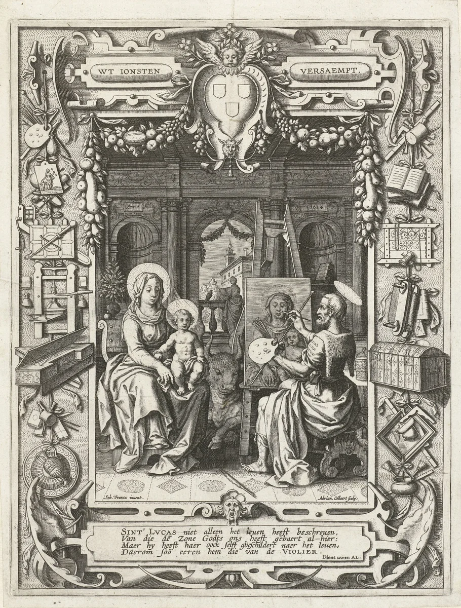 Blazoen van het Sint-Lucasgilde met de Heilige Lucas die Maria schildert by anonymous, print, 1620-1621