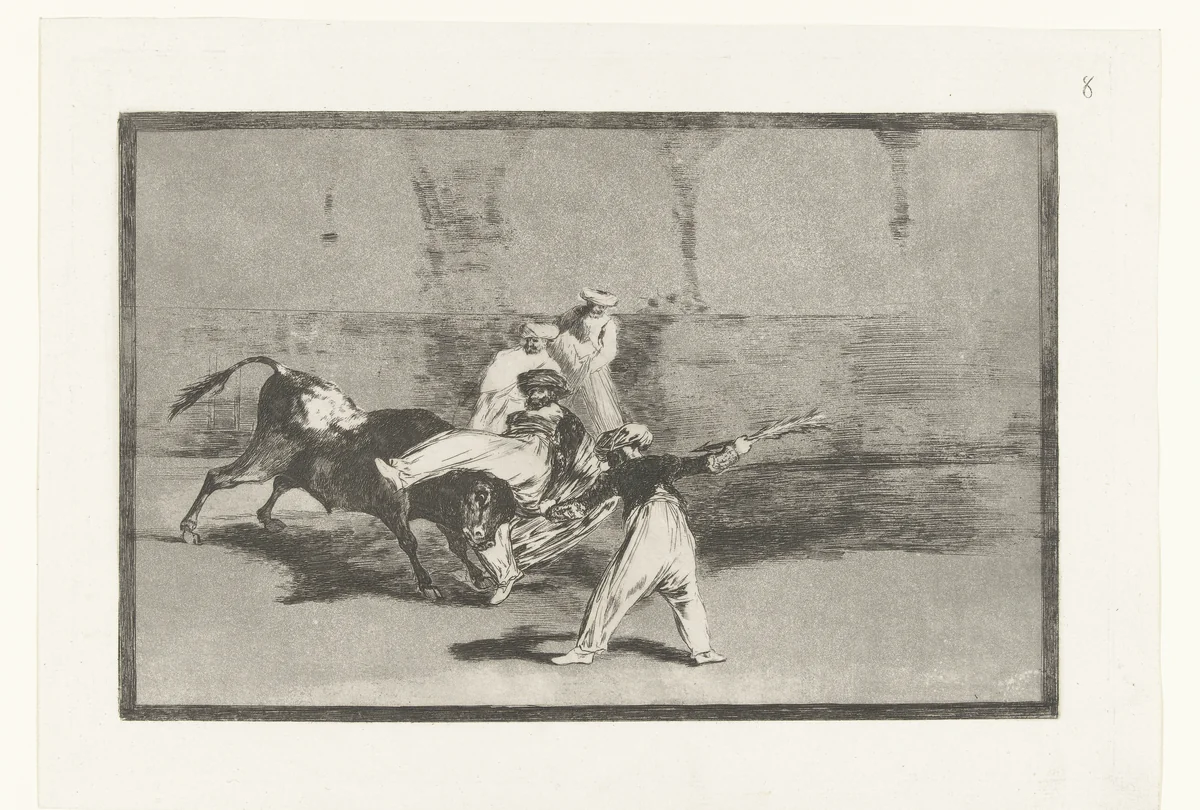 Stier wordt gegrepen door stierenvechters by Francisco de Goya, print, 1811-1816