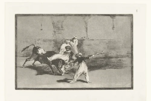 Stier wordt gegrepen door stierenvechters by Francisco de Goya, print, 1811-1816