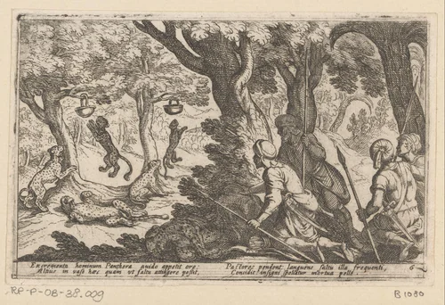 Jagers vangen luipaarden by Antonio Tempesta, print, 1602