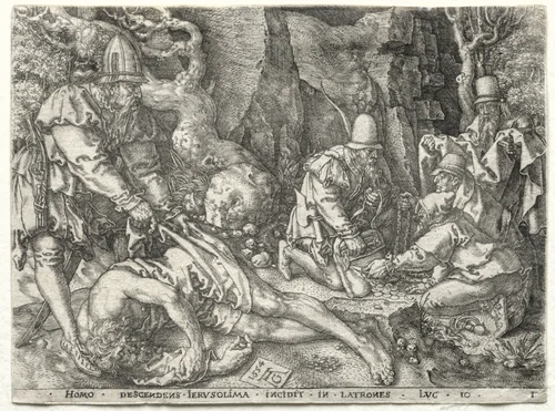 The Parable of the Good Samaritan: The Robbers Attacking the Travelers by Heinrich Aldegrever, print, 1554