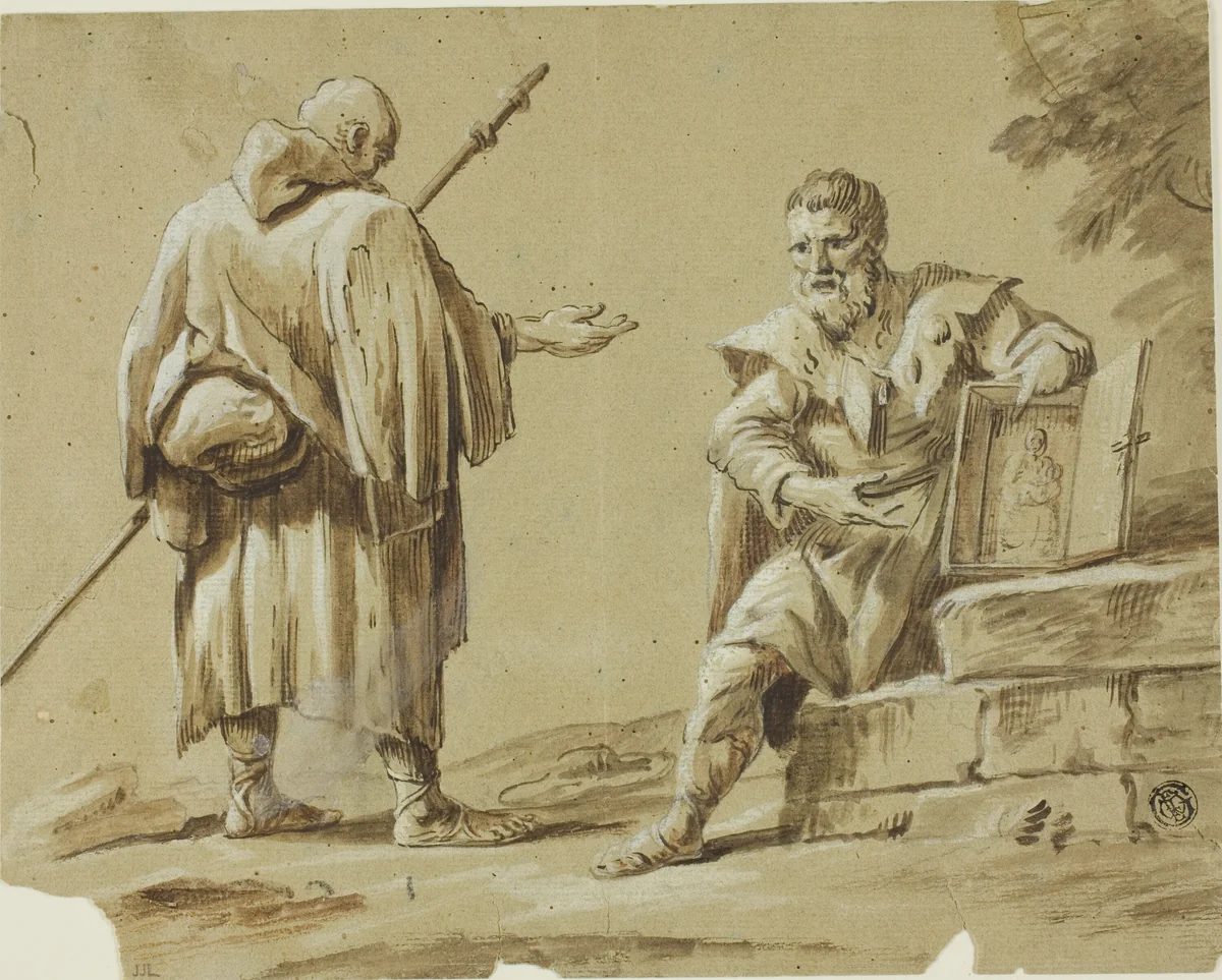 Two Pilgrims with Portable Shrine by Tiberius Dominikus Wocher, drawing, 1748-1799