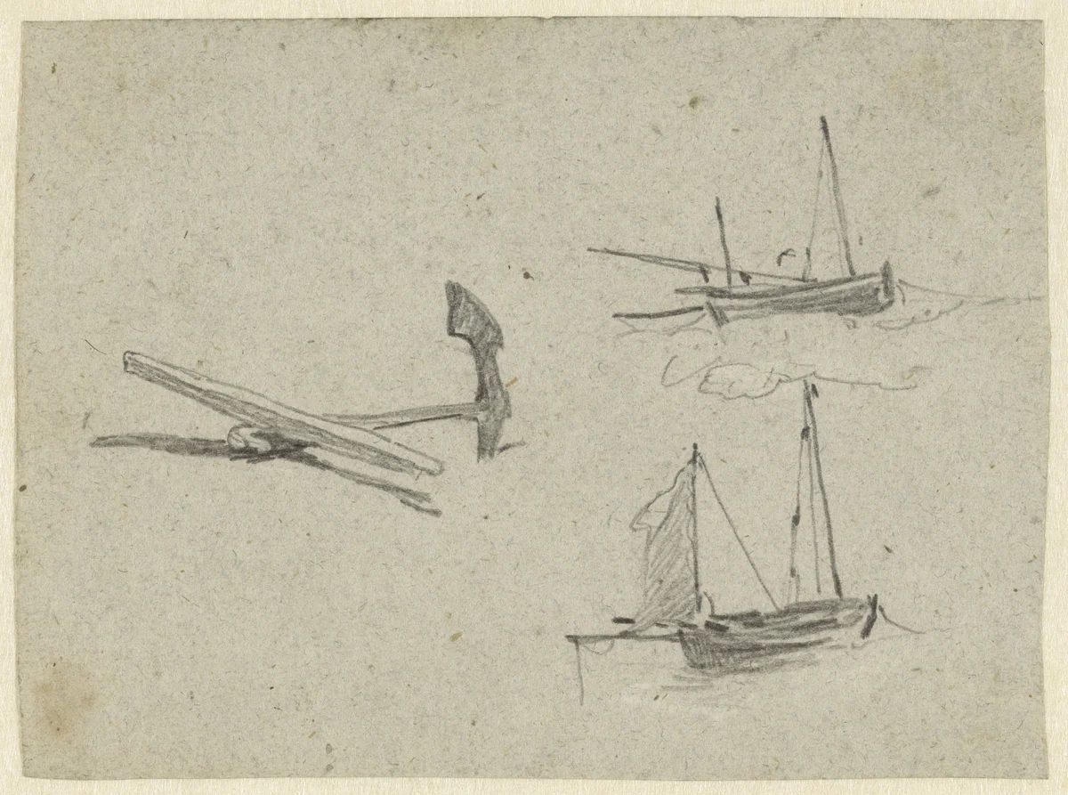 Twee schepen en een anker by John Linnell, drawing, 1802-1882