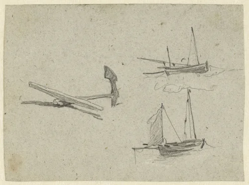 Twee schepen en een anker by John Linnell, drawing, 1802-1882