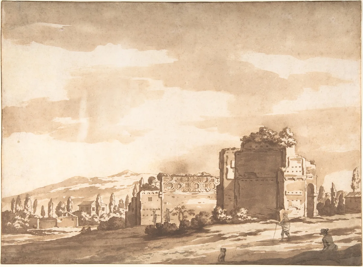 Italian Landscape, perhaps the Monte Mario, Rome by Jacob van der Ulft, drawing, 1659