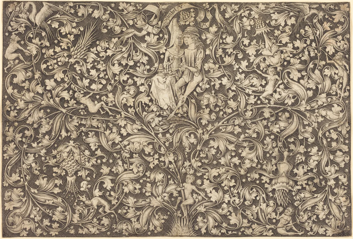 Ornament Panel with Two Lovers by Israhel van Meckenem, print, 1490-1500