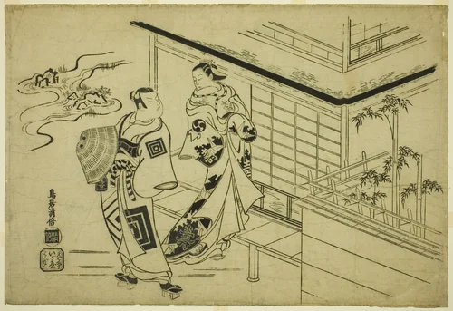 The Actors Nakamura Takesaburō as Kewaizaka no Shōshō and IchikawaDanjurō II as Soga Gorō by Torii Kiyomasu, print, 1715
