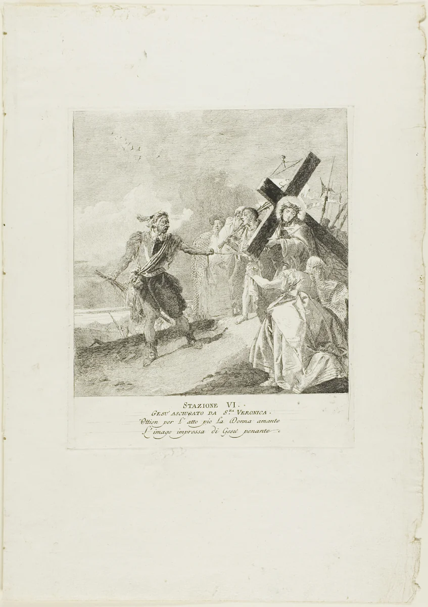 Christ's Face is Wiped by St. Veronica, plate six from Stations of the Cross by Giovanni Domenico Tiepolo, print, 1748