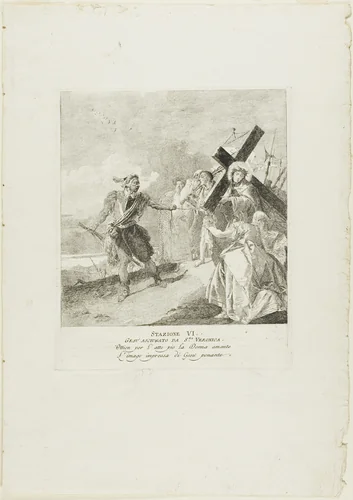 Christ's Face is Wiped by St. Veronica, plate six from Stations of the Cross by Giovanni Domenico Tiepolo, print, 1748