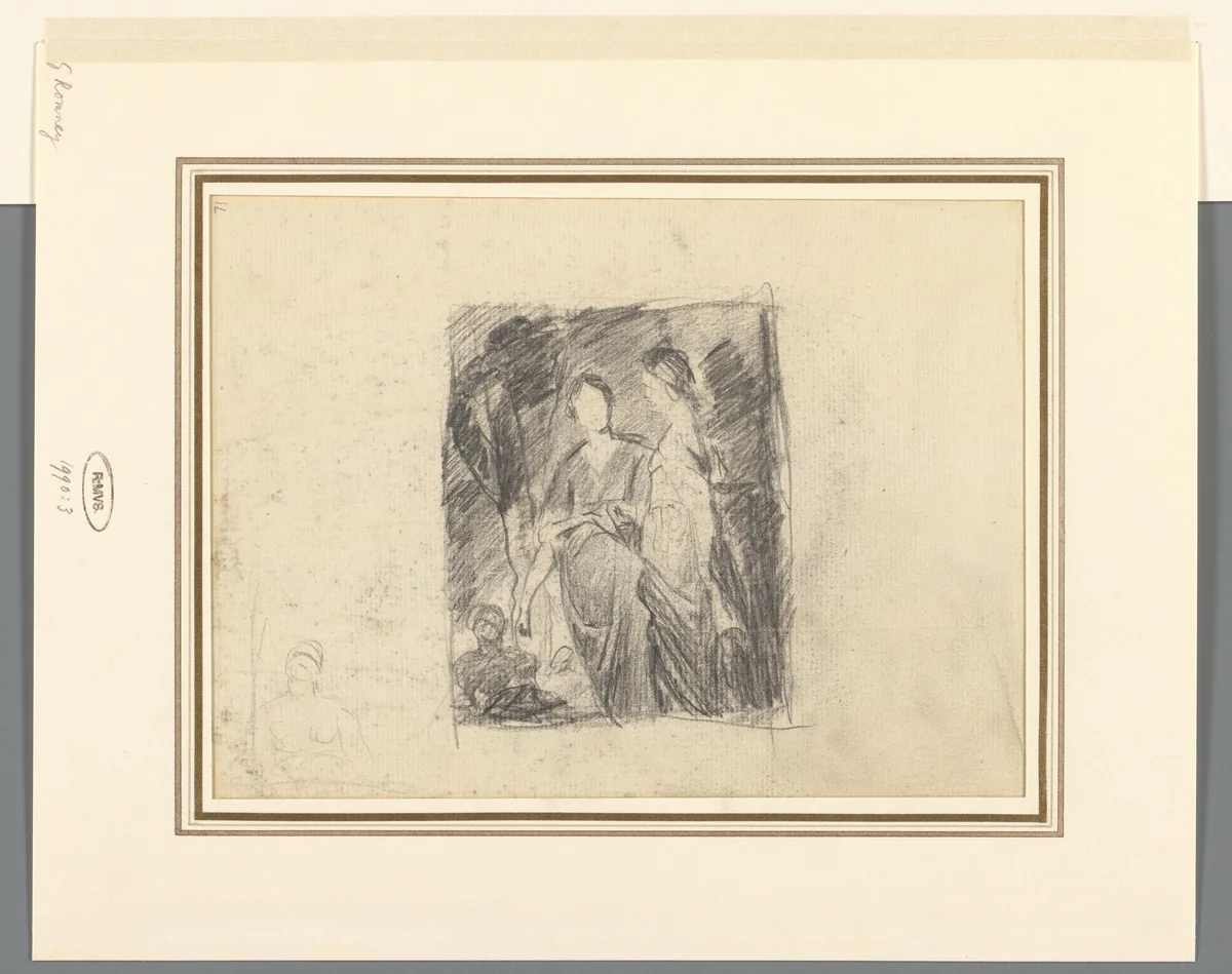 Twee vrouwenfiguren tussen bomen by George Romney, drawing, 1744-1767
