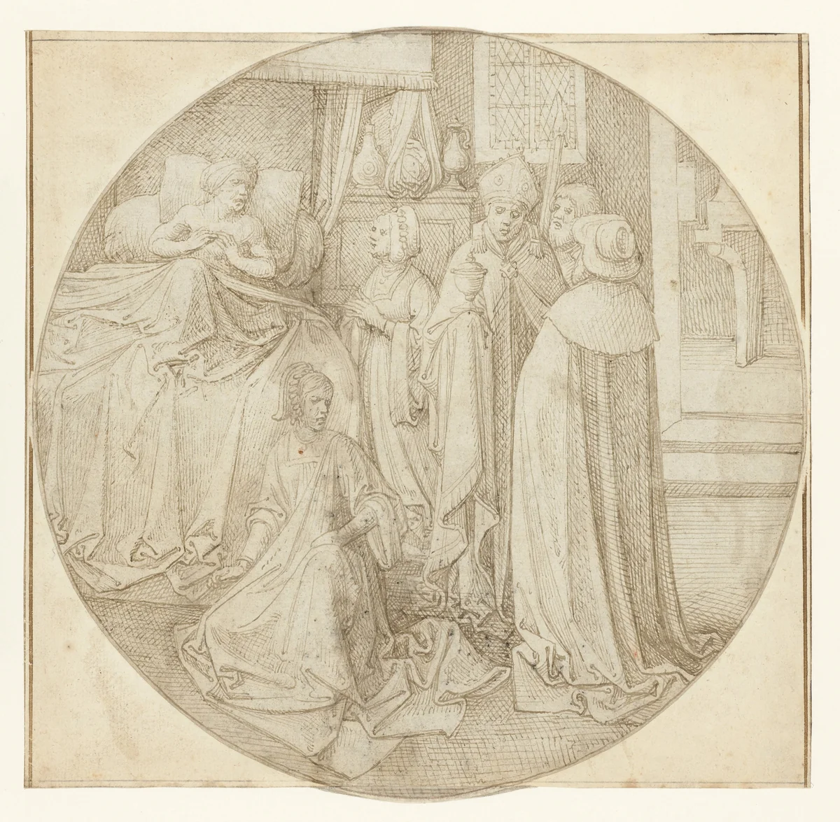 Herkinbald ligt in bed en ontvangt de bisschop by Pseudo-Aert Ortkens, drawing, 1490-1530