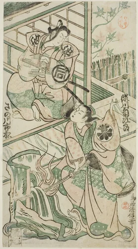 The Actors Sanogawa Ichimatsu I as Ike no Shoji and Segawa Kikujiro I as Hitachi Kohagi in the play "Mangetsu Oguri Yakata," performed at the Ichimura Theater in the eighth month, 1747 by Torii Kiyonobu II, print, 1747