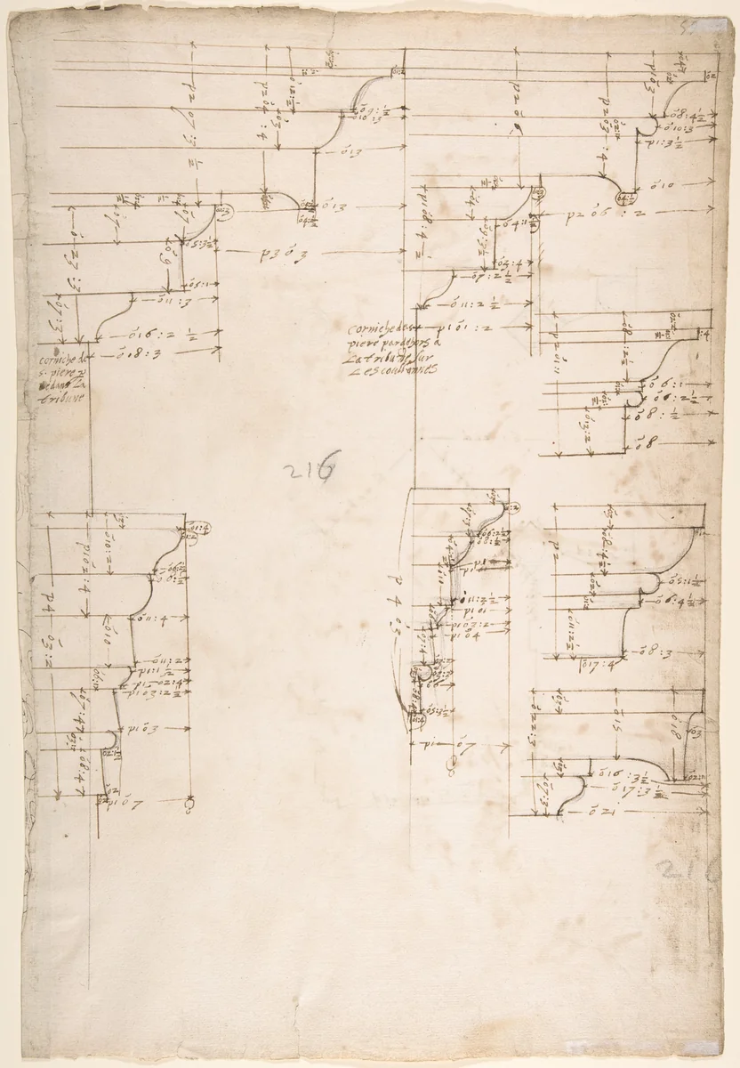 St. Peter's, tribune, exterior, entablature and cornice details (recto) Santa Maria Maggiore, Sforza Chapel, plan, detail (verso) by anonymous, drawing, 1500-1560