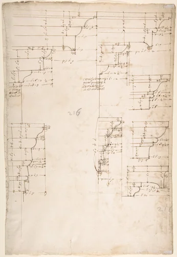 St. Peter's, tribune, exterior, entablature and cornice details (recto) Santa Maria Maggiore, Sforza Chapel, plan, detail (verso) by anonymous, drawing, 1500-1560