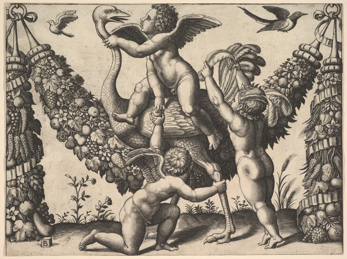 Three putti before a large garland, the one in the middle rides an ostrich, from a series of tapestries made for Leo X by Master of the Die, print, 1525-1535
