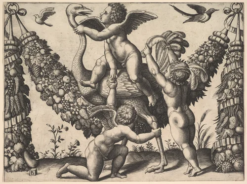 Three putti before a large garland, the one in the middle rides an ostrich, from a series of tapestries made for Leo X by Master of the Die, print, 1525-1535