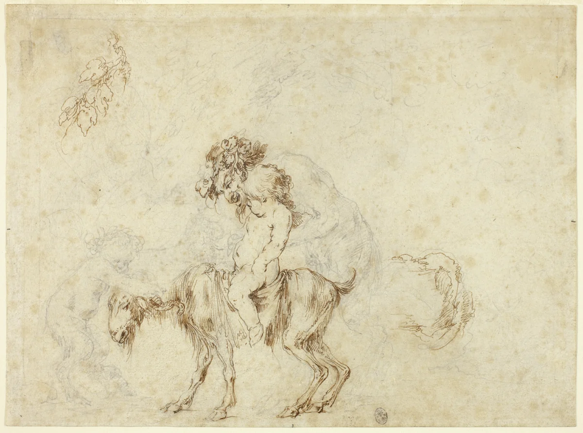 Study for Satyr Family Walking (recto); Sketches of Five Decorative Vessels (verso) by Stefano della Bella, drawing, 1652-1662