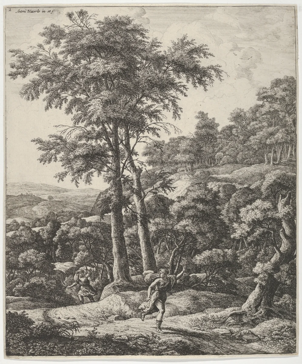 Landscape with Apollo and Daphne, from the Series of Six Mythological Scenes by Anthonie Waterloo, print, 1600-1699