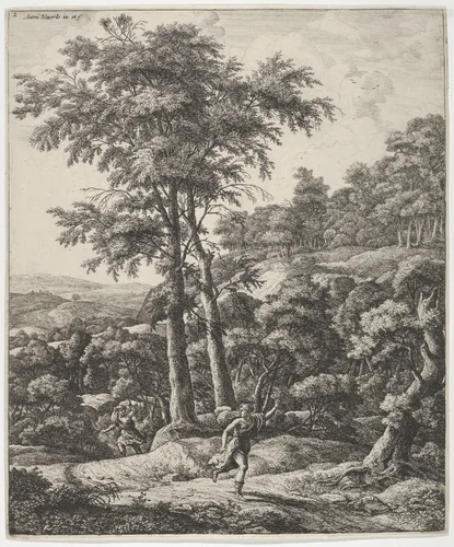 Landscape with Apollo and Daphne, from the Series of Six Mythological Scenes by Anthonie Waterloo, print, 1600-1699