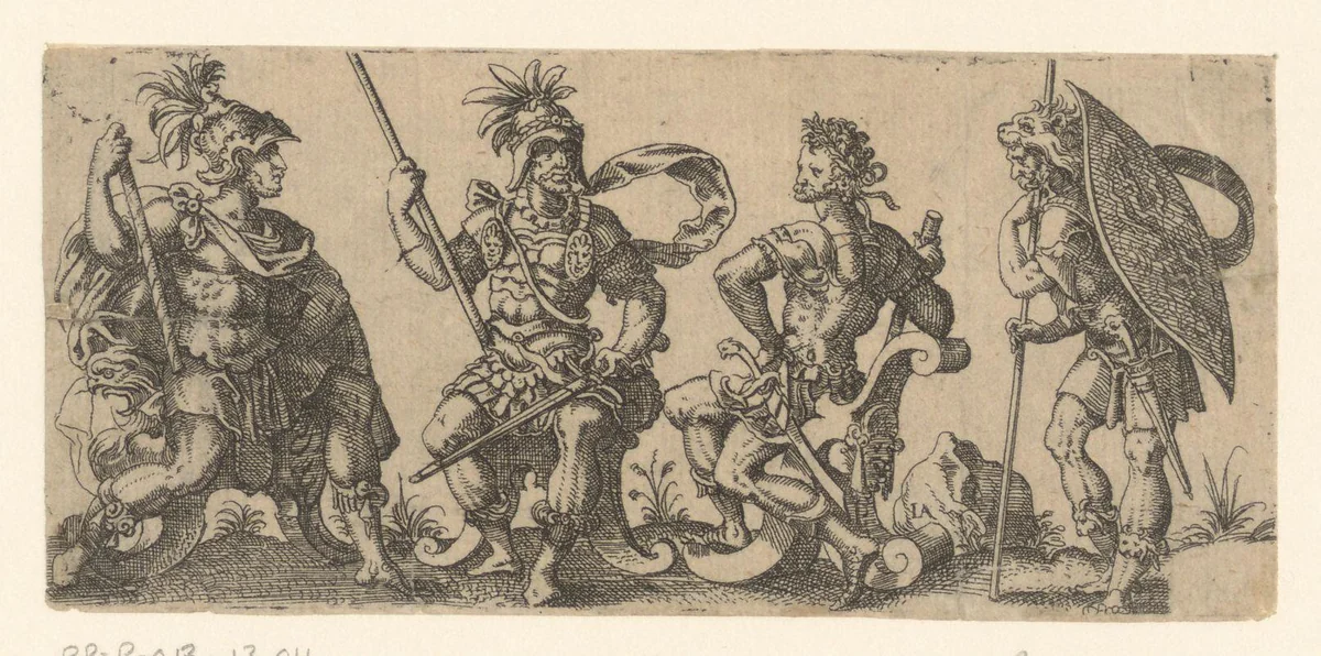 Drie zittende officieren en een staande soldaat by Jost Amman, print, 1590