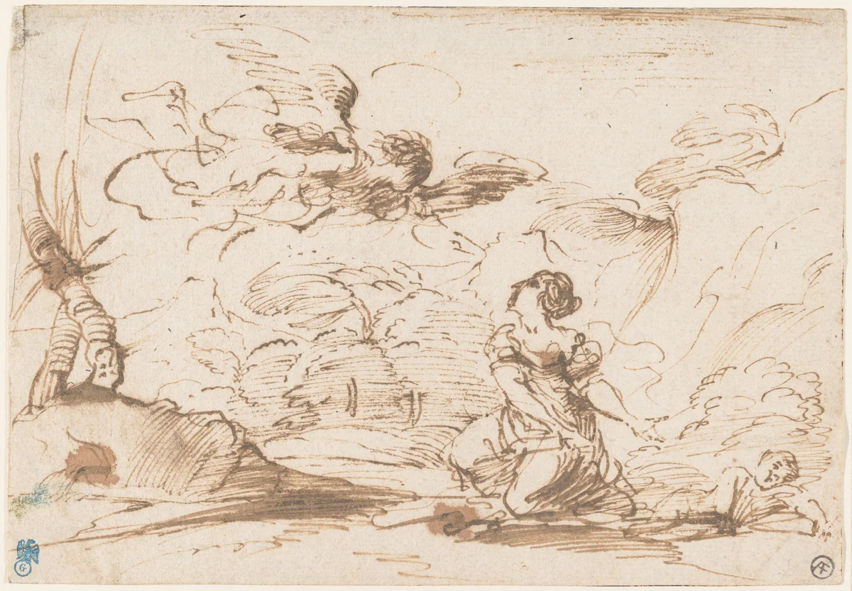 The Angel Appearing to Hagar and Ishmael in the Wilderness by Pier Francesco Mola, drawing, 1645