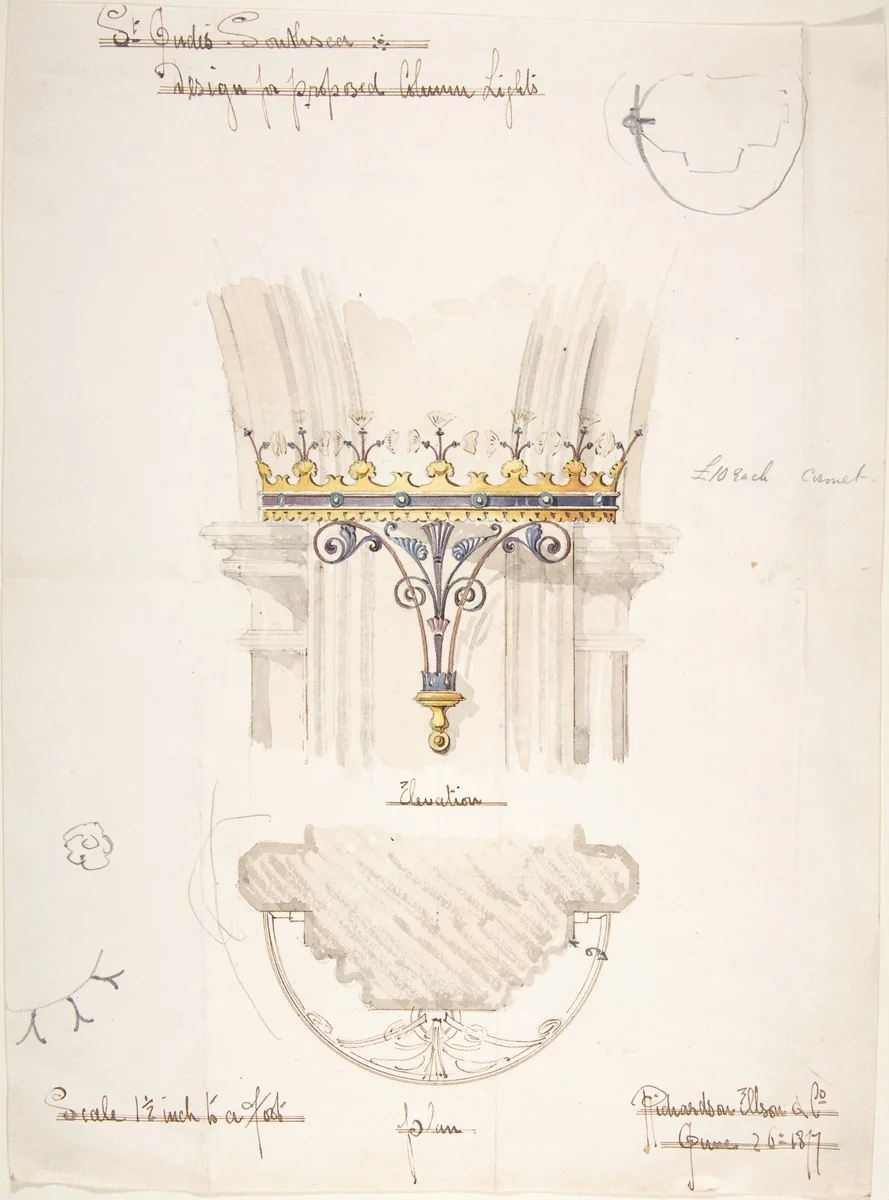 Design for Proposed Column Lights, St. Jude's Church, Southsea by Richardson Ellson, drawing, 1877