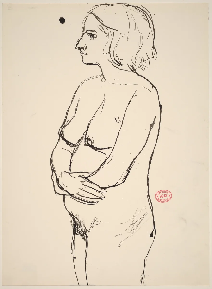 Untitled [standing nude with arms across her belly] by Richard Diebenkorn, drawing, 1955-1967