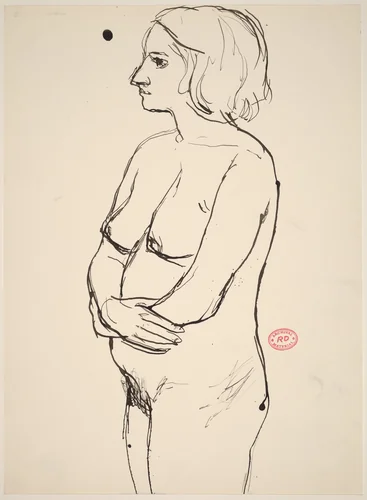 Untitled [standing nude with arms across her belly] by Richard Diebenkorn, drawing, 1955-1967