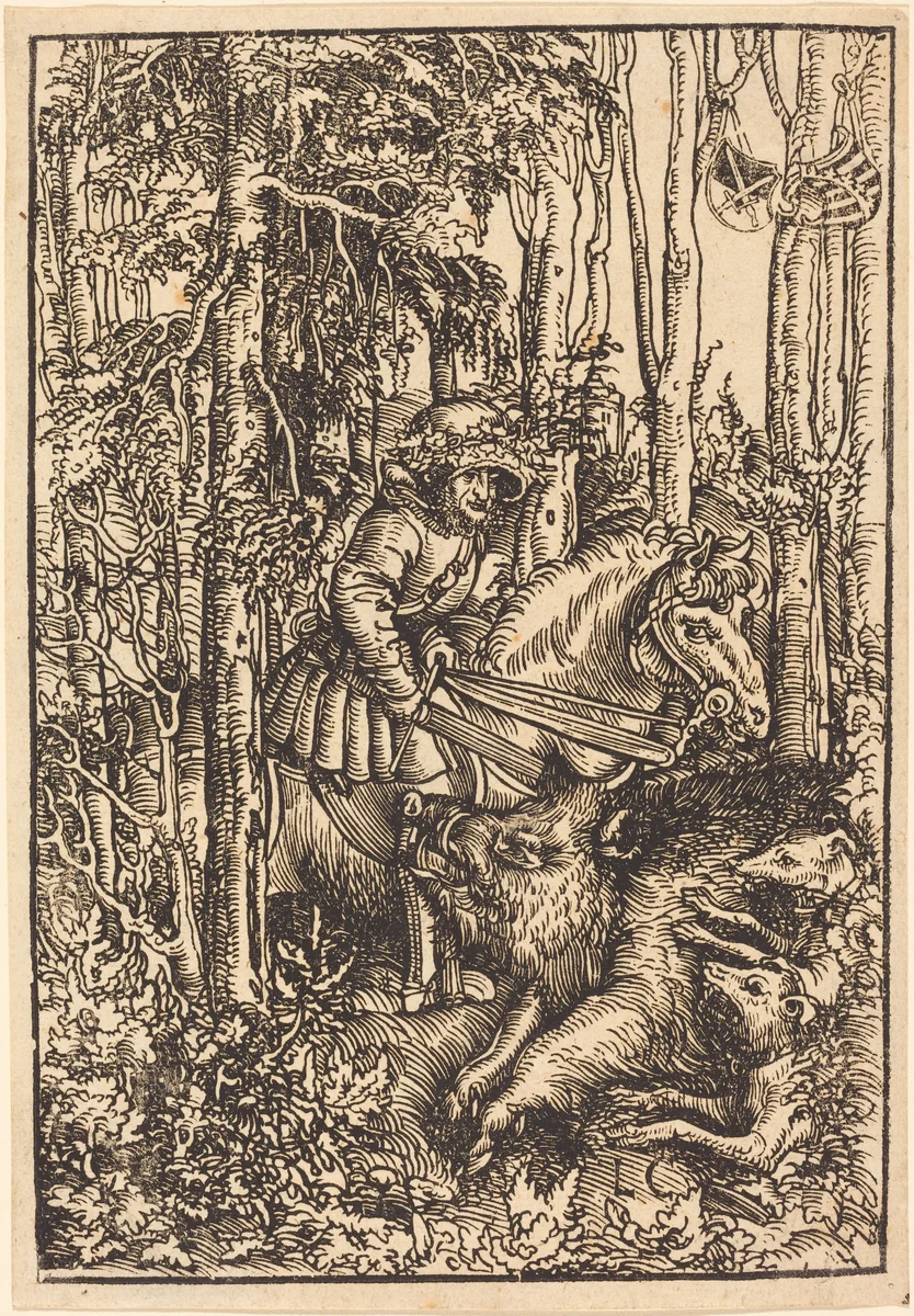Hunter on Horseback Hunting a Wild Boar by Lucas Cranach, print, 1506