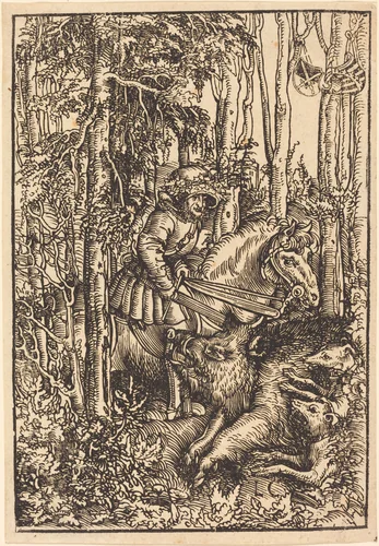 Hunter on Horseback Hunting a Wild Boar by Lucas Cranach, print, 1506