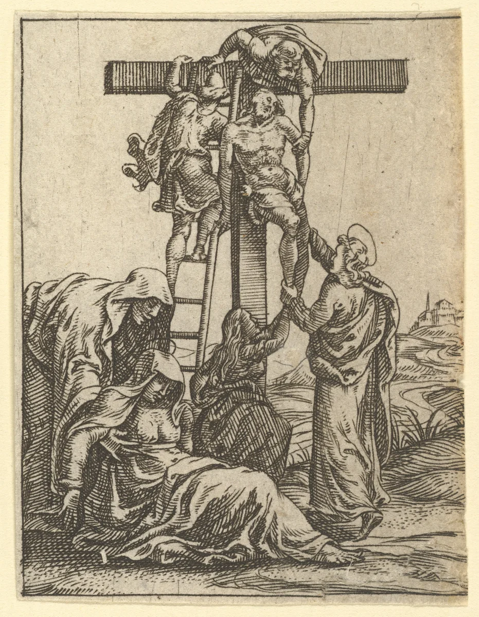 The Virgin of Sorrows: The Descent from the Cross; one of nine surrounding compartments from the Virgin of Sorrows, now separated by Giorgio Ghisi, print, 1520-1582