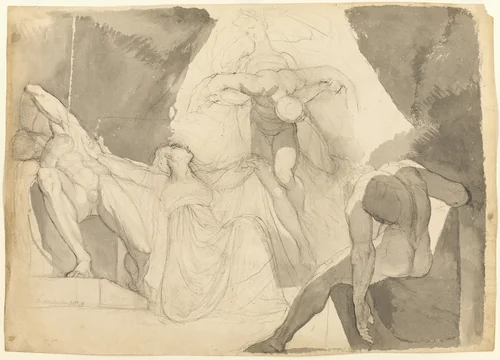 Aided by Eeriboia, Hermes Carries Off the Exhausted Ares from the Sleeping Sons of Aloeus (recto); Sketch of One of the Sleeping Sons of Aloeus (verso) by Henry Fuseli, drawing, 1819