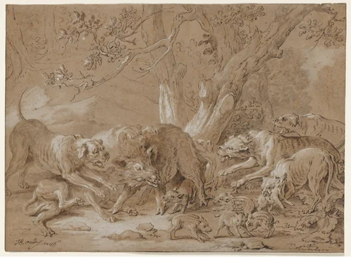 Wild Sow and Her Young Attacked by Dogs by Jean-Baptiste Oudry, drawing, 1748