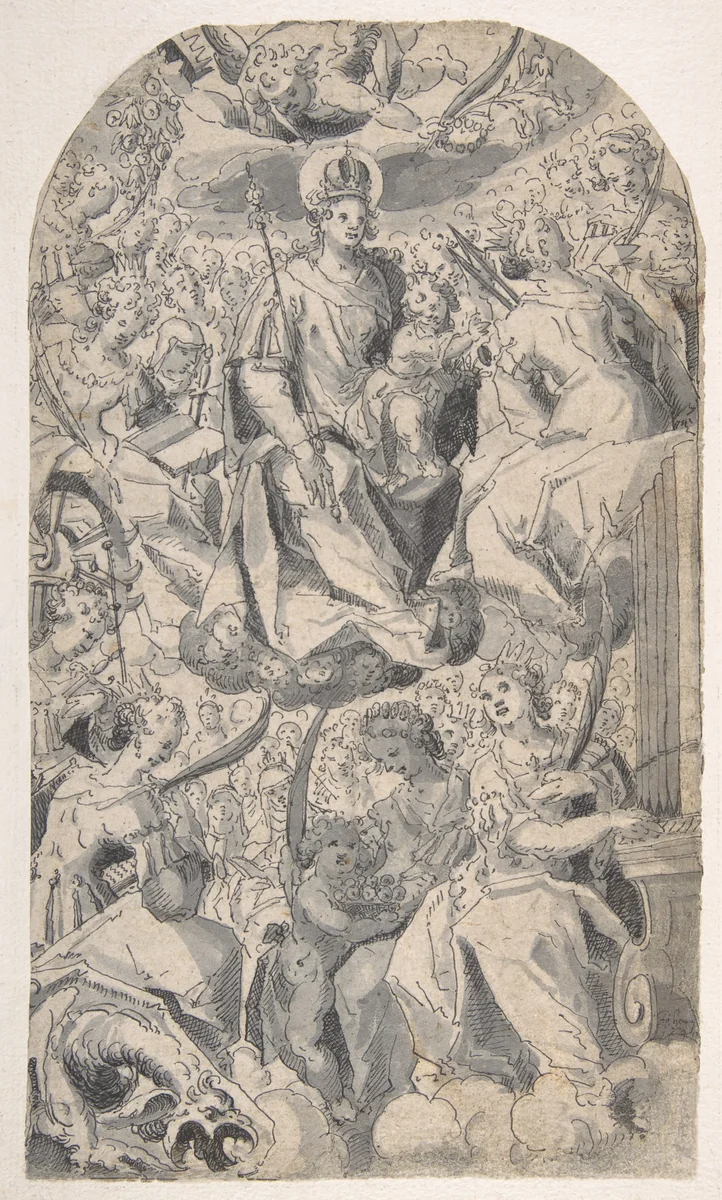 Madonna and Child Surrounded by Female Saints by Joseph Heintz, drawing, 1600-1678