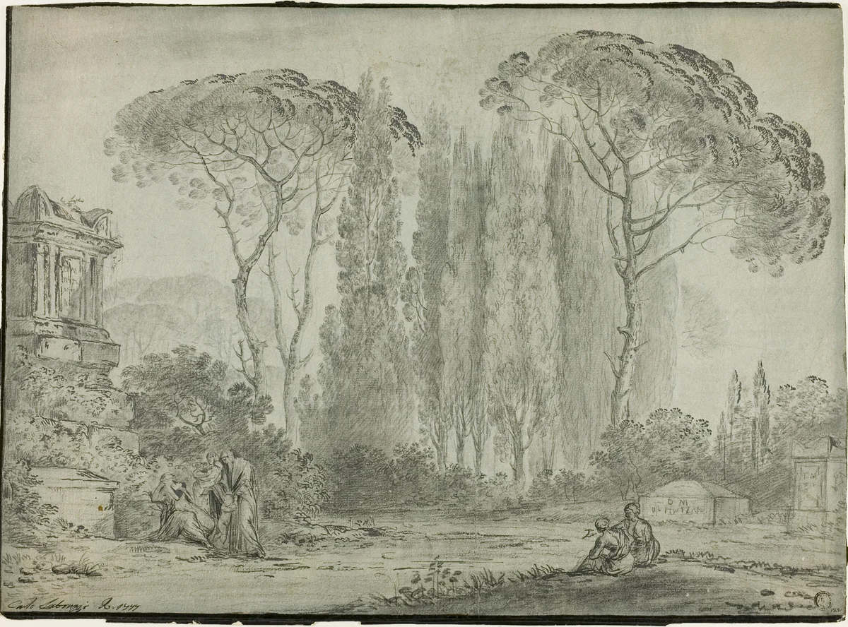 Mourners in a Graveyard by Carlo Labruzzi, drawing, 1768-1818