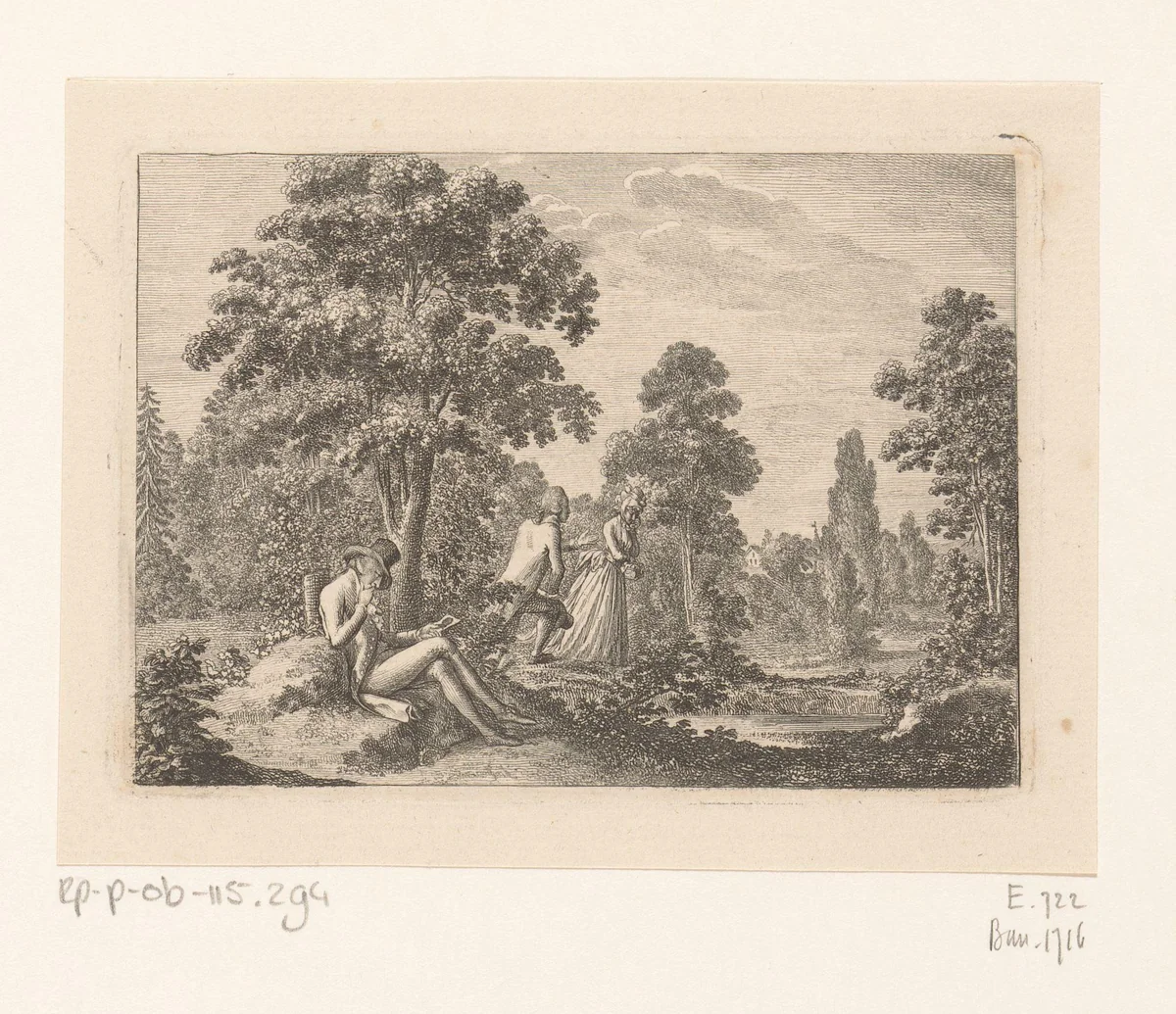 Landschap met een jongeman die naar het silhouet van een vrouw kijkt en haar later om haar hand vraagt by Daniel Nikolaus Chodowiecki, print, 1793