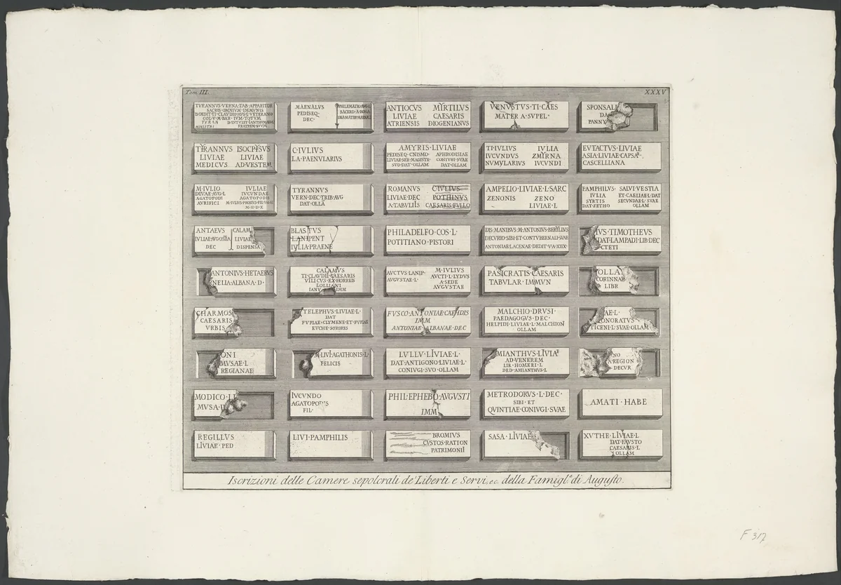 Inscripties uit de graftombe van de vrijgelatenen en slaafgemaakten van de familie van Augustus by Giovanni Battista Piranesi, print, 1756-1757