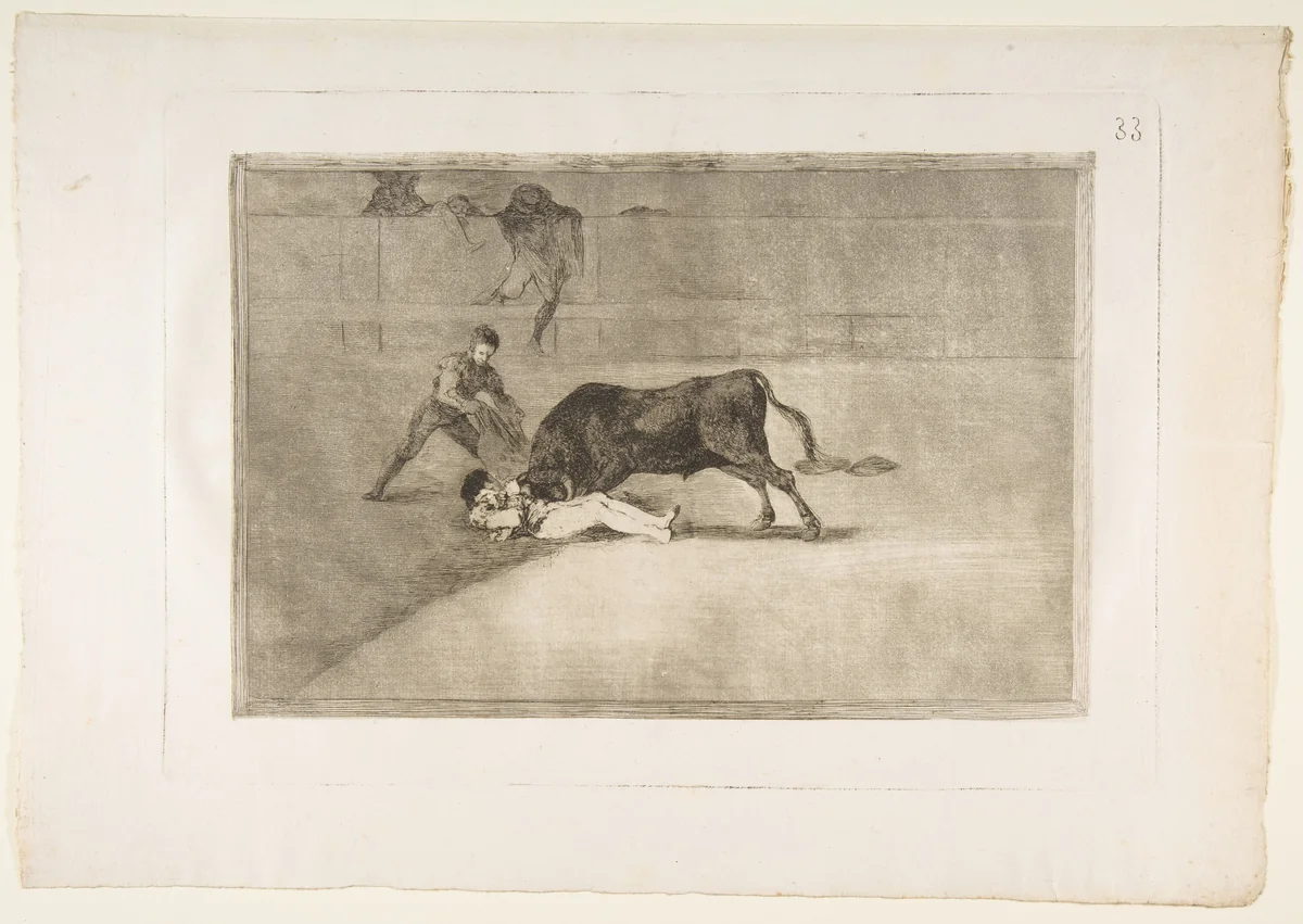 Plate 33 from "La Tauromaquia": The unlucky death of Pepe Illo in the ring at Madrid by Goya, print, 1816