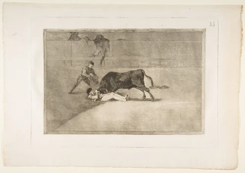 Plate 33 from "La Tauromaquia": The unlucky death of Pepe Illo in the ring at Madrid by Goya, print, 1816