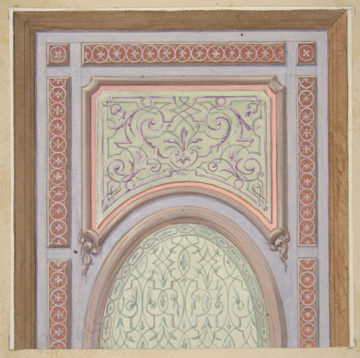 Partial design for the decoration of a ceiling with an oval panel at center by Jules-Edmond-Charles Lachaise, drawing, 1830-1897